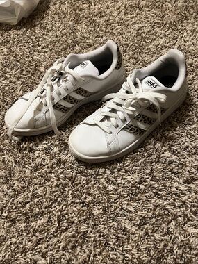 adidas White Sneakers with Leopard-Print Stripes